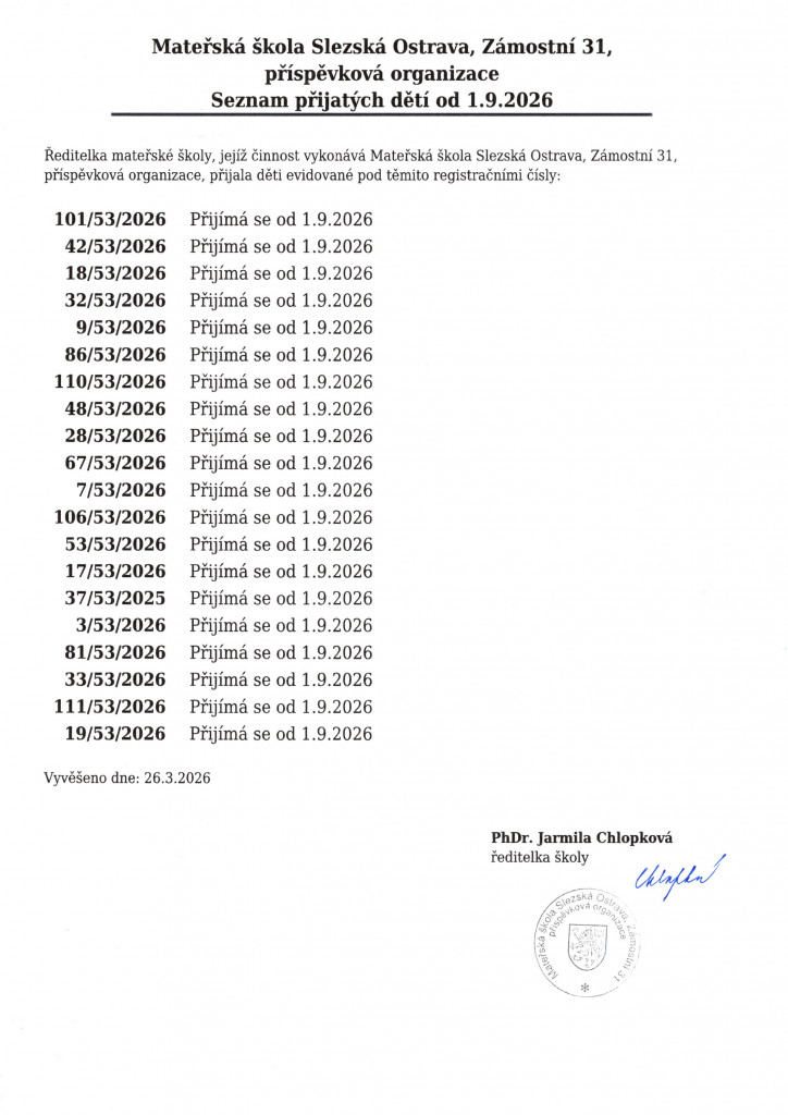 Výsledky přijímacího řízení do MŠ Slezská Ostrava, pracoviště MŠ Antošovická pro školní rok 2026/2027 - přijaté děti